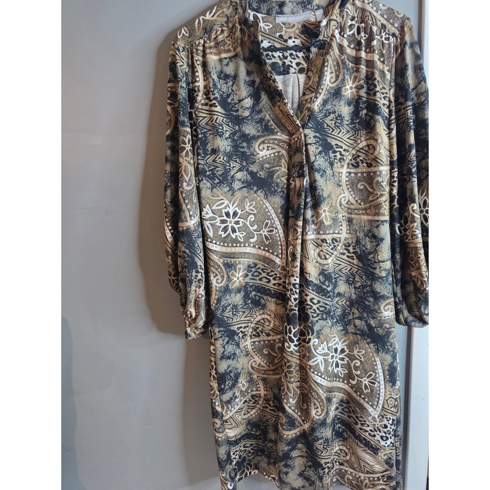 NY Collection Mixed Paisley Leopard Print V-Neck Shift Dress Tan Black Large